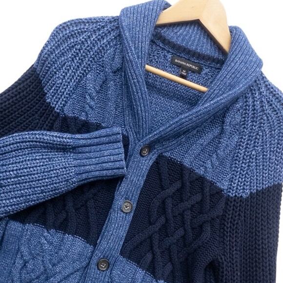Banana Republic Men's Cable Knit Fisherman Sweater Cardigan Blue Colorblock M - Picture 1 of 6